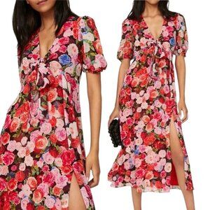Ieena Mac Duggal Floral Puff Sleeve Tie Slit Romantic Midi Dress Pink Red Size 0